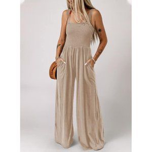Women's Apricot One Piece Sleeveless Wide Leg Long Pant Rompers With Pockets